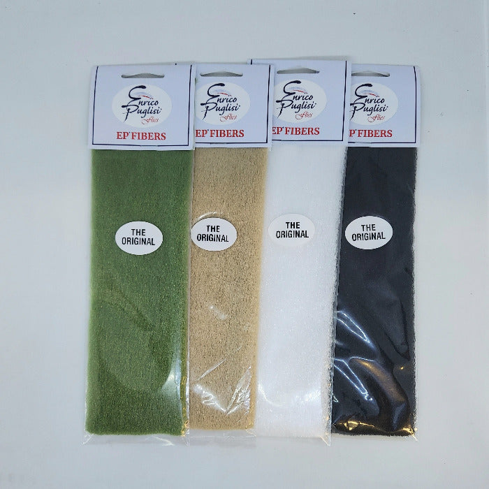 Assorted color fiber packs in sealed bags: olive, tan, white, and black.