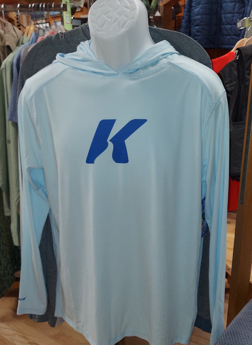 light blue Korkers summer hoodie with large dark blue K on the chest
