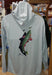 The back of the gray hoodie with trout and his shadow chasing a fly