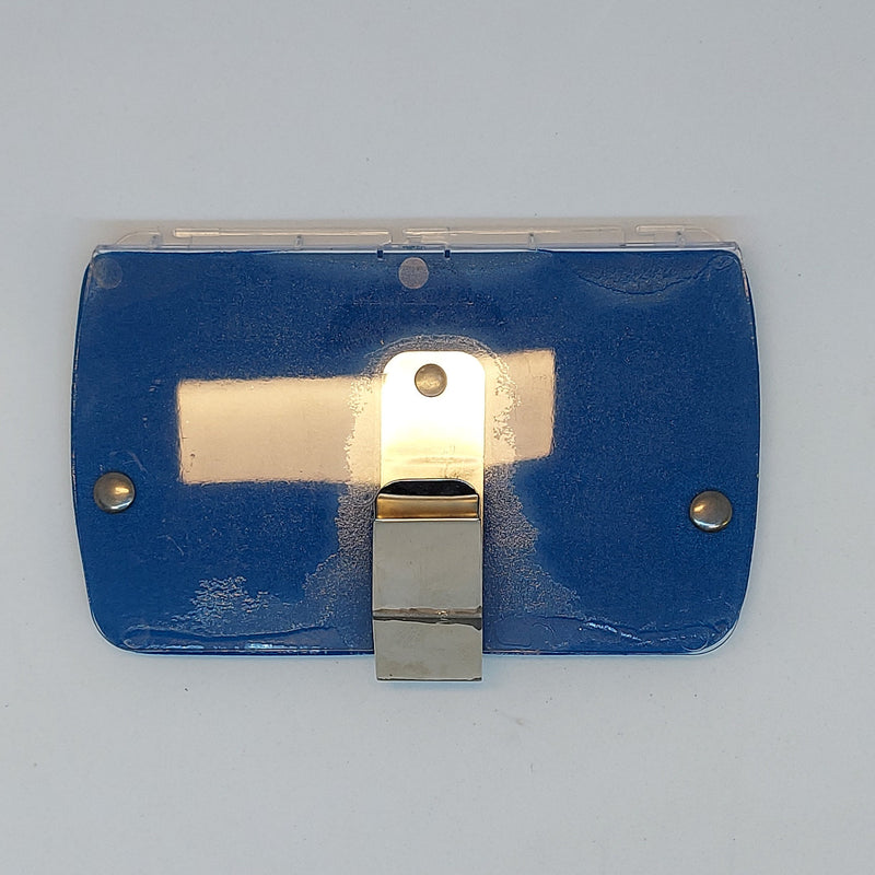 Blue sun visor accessory with front metal latch and two side grommets