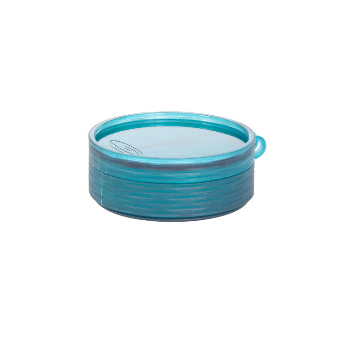 Fly puck container, teal translucent with side loop and ridged design