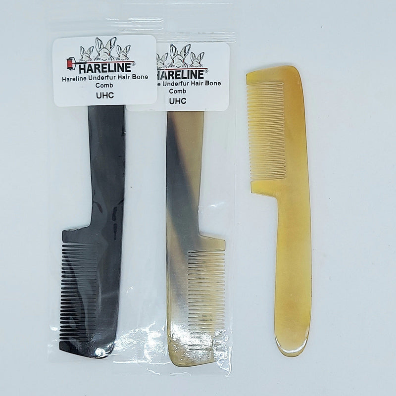Underfur hair bone combs, black and tan, wide teeth with handle, in clear package