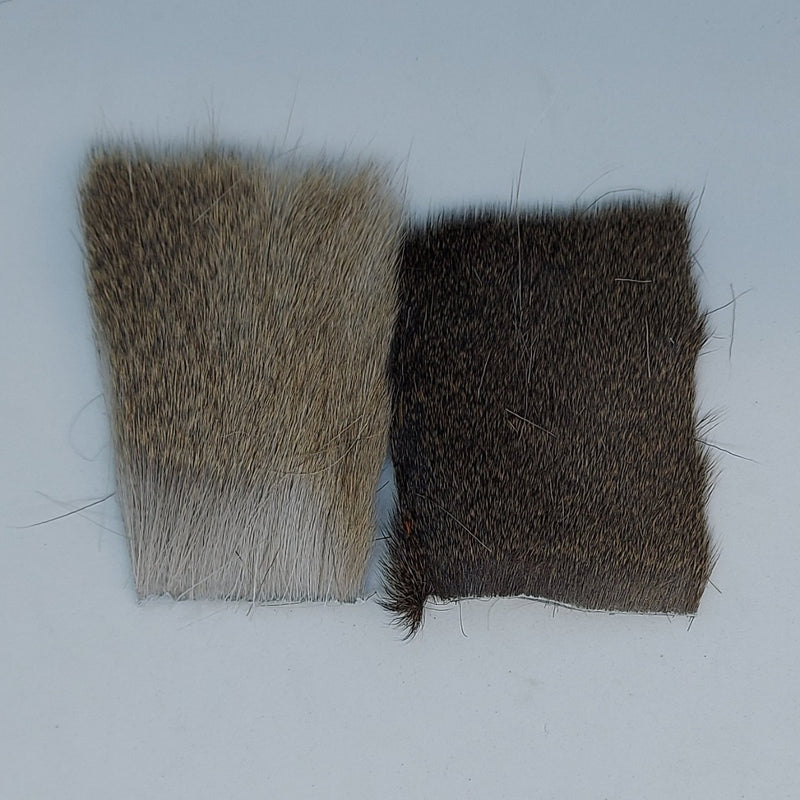 Hareline Comparadun natural hair tufts, tan and dark brown rectangular bundles