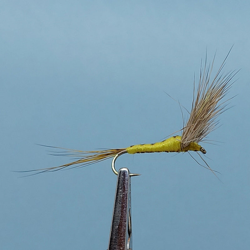 Green and olive feathered fishing fly with curved hook