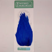 Blue feather hackle on card, tapered plume with fine fibers