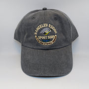 Gray logo trucker hat with embroidered front patch and vented mesh side panels