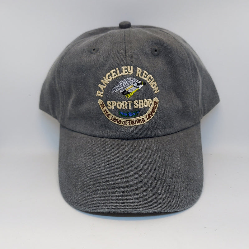 Gray logo trucker hat with embroidered front patch and vented mesh side panels