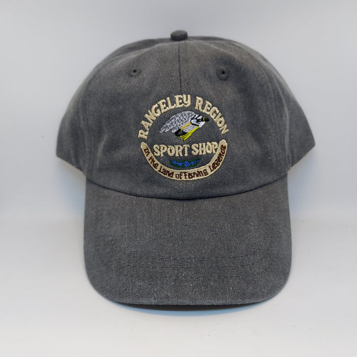 a gray Adams hat with shop name and logo