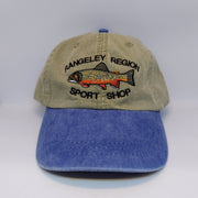 Brook trout hat with khaki crown and blue brim, embroidered fish patch front