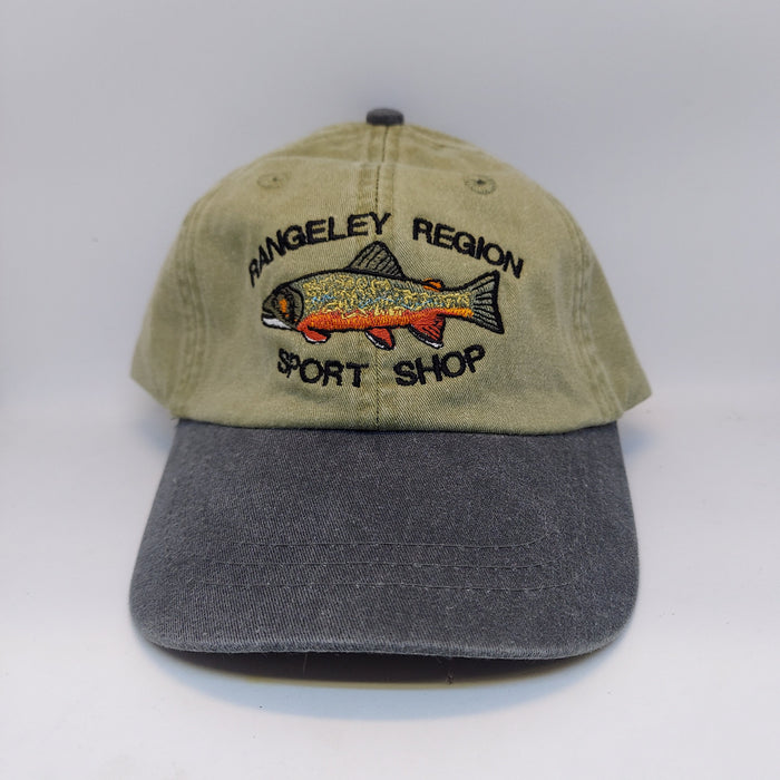 Khaki Adams hat with gray bill and embroidered brook trout with shop name
