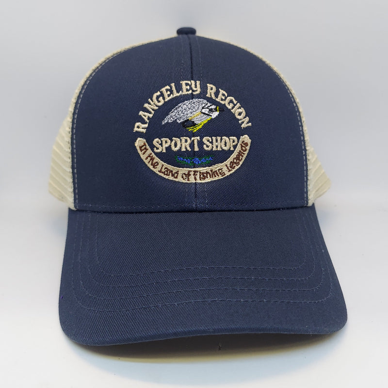 Blue logo trucker hat with white mesh side panels and embroidered front patch