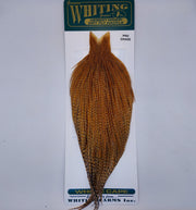 Barred ginger-brown hackle cape with pointed top and long feather fibers on card