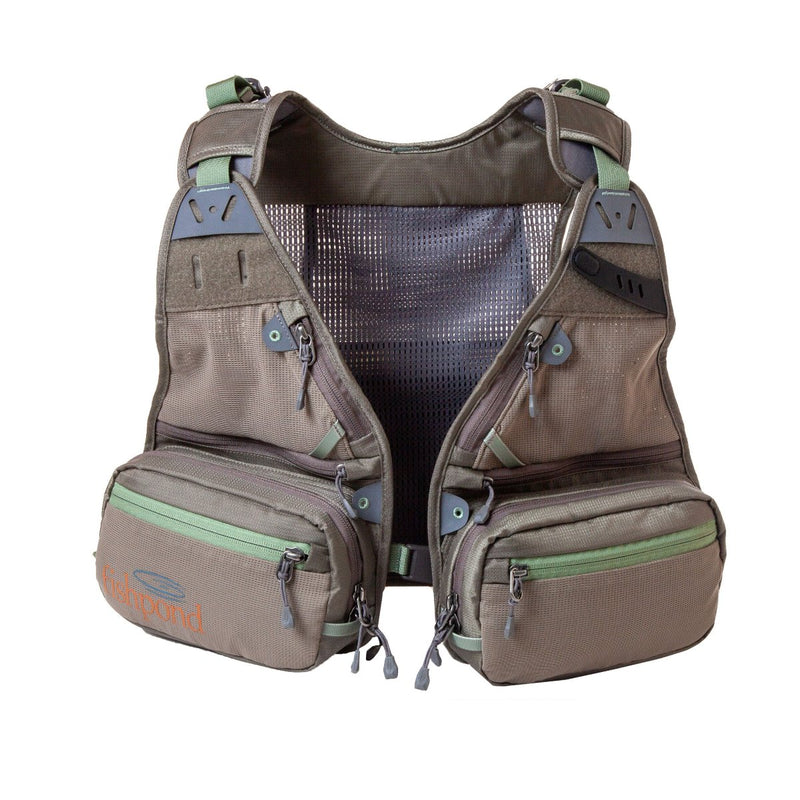 Fly fishing vest with taupe fabric, green trim, mesh panel, zip pockets and adjustable straps