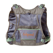 Fly fishing vest front view with taupe mesh, center logo pocket, green trim, and adjustable shoulder straps