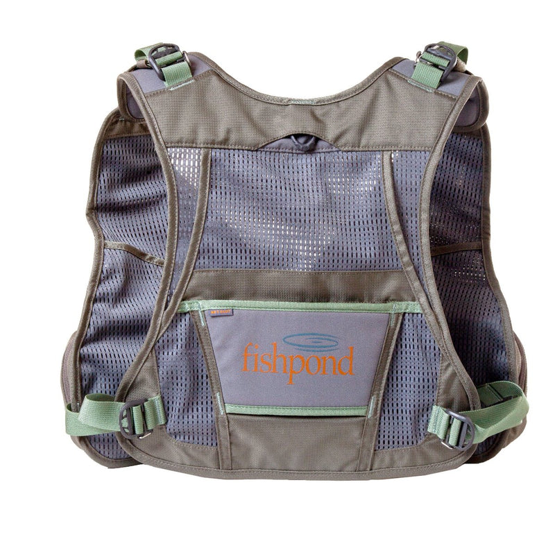 Fly fishing vest front view with taupe mesh, center logo pocket, green trim, and adjustable shoulder straps