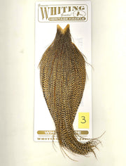Gold and dark speckled hackle cape on backing card with flowing feather fibers.