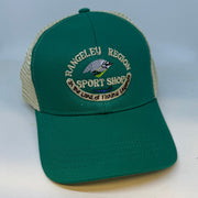 Teal logo trucker hat with cream mesh side panels and embroidered front patch
