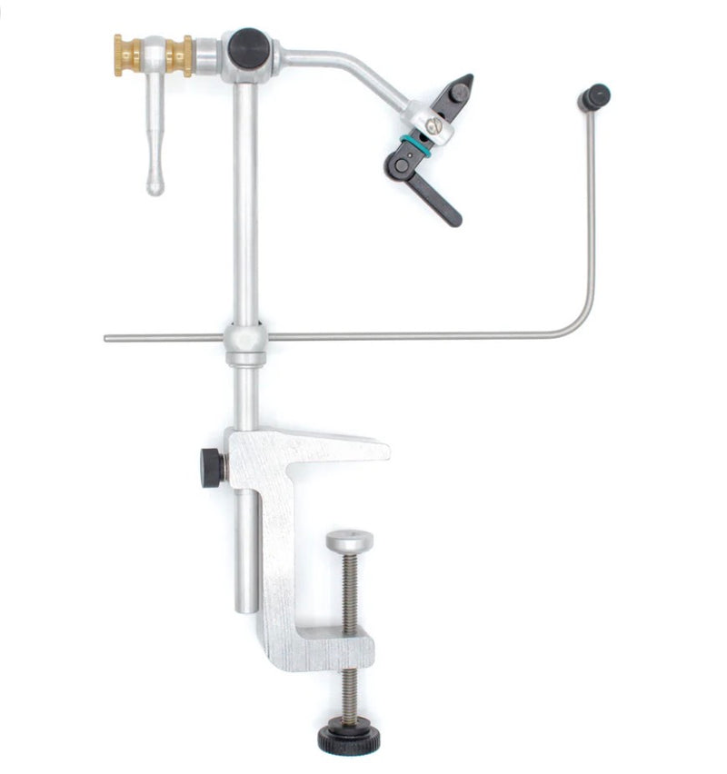 Metallic gray cam vise C-clamp with rotary handle and threaded post