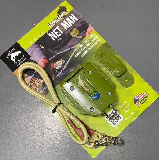 Olive landing net tool kit with tan lanyard and clip, on package card
