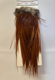 Brown dry fly saddle with dark hackle and grayish top fibers