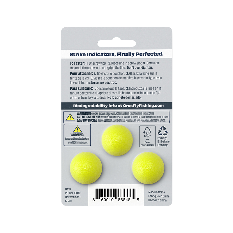 Back of package with three bright yellow foam strike indicators pictured