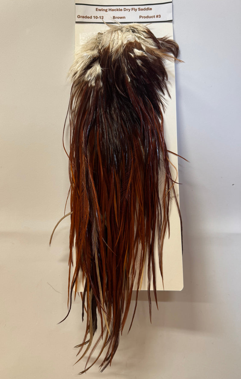 Dry fly saddle with dark brown hackle and lighter brown streaming fibers
