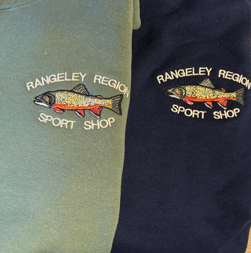 Hooded sweatshirt with fish logo; green and dark navy front panel