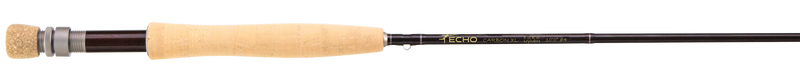 Fishing rod with black blank, cork handle, and visible line guides