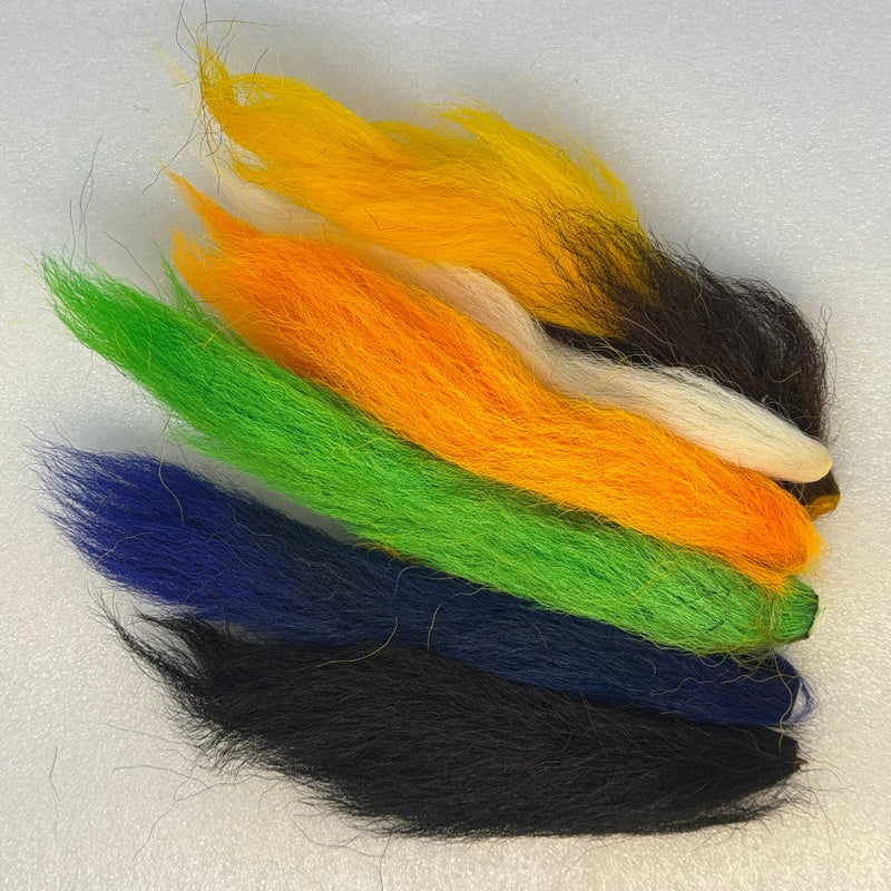 Stacked tail fiber bundles: green, orange, yellow, blue, and black