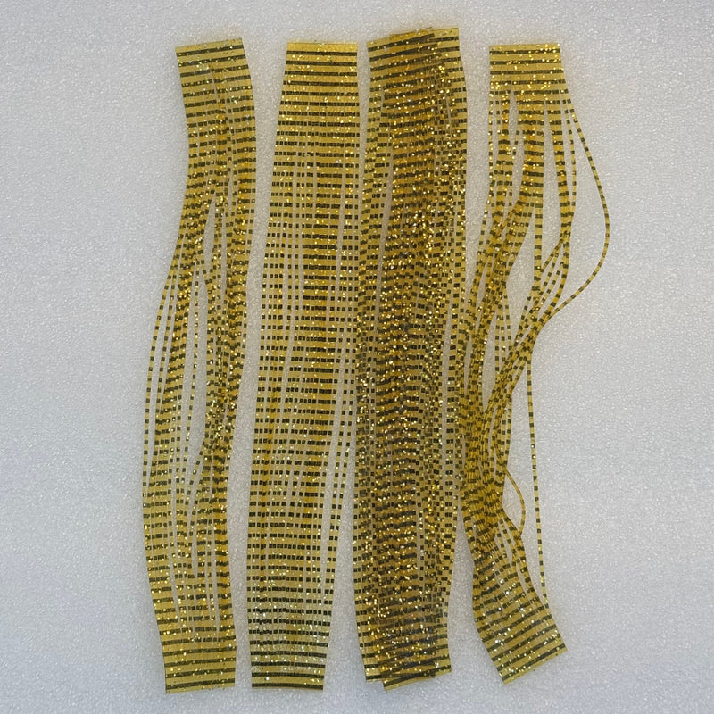 Barred amber sili legs set with gold glitter strands and lighter highlights