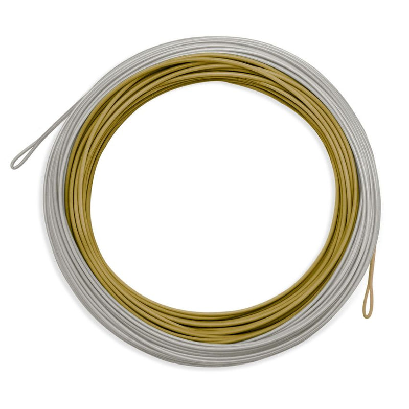 Universal taper fly line coil, gray outer jacket with olive-green inner loops