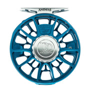 Fishing reel with blue spoked rim and silver center logo