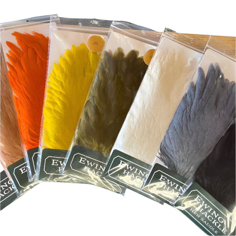Ewing hen saddle feather assortment in orange, yellow, green, cream, and blue packs