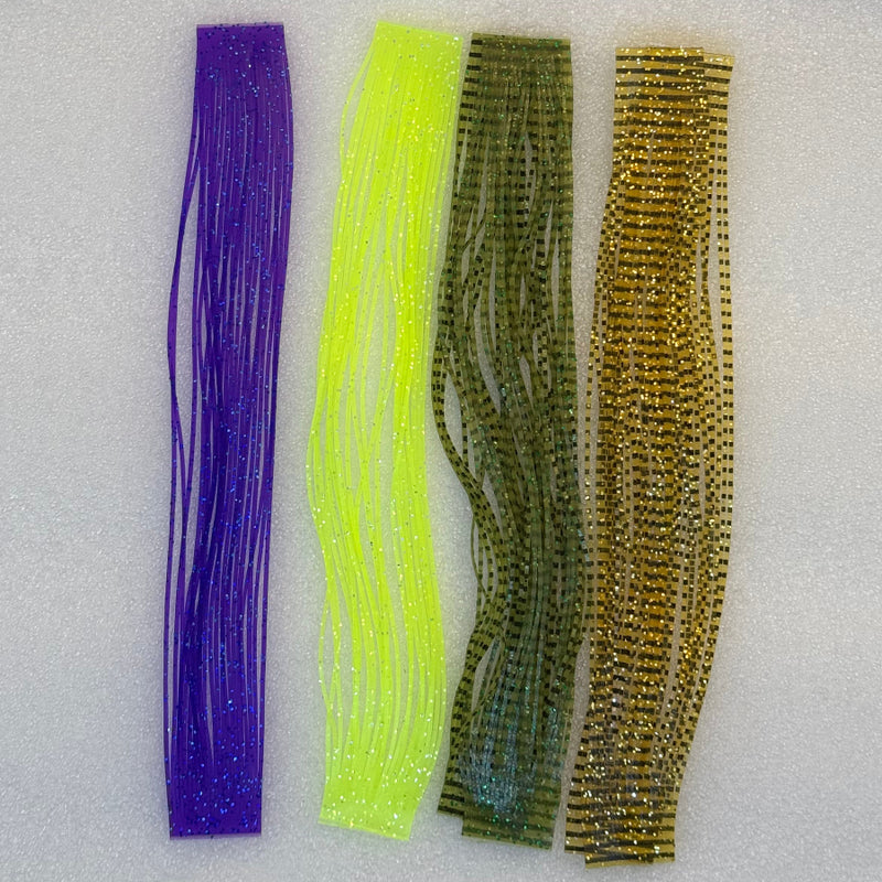 Set of sili legs in purple, chartreuse, barred olive, and gold glitter strips
