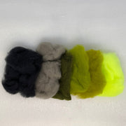 Multi-color fly tying dubbing fibers bundle with dark, tan, olive, and yellow-green tufts