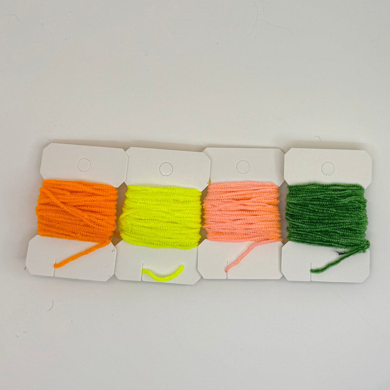 Chenille thread assortment on cards, green, bright orange, peach, fluorescent yellow