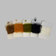 Leech mohair yarn on card, assorted color swatches