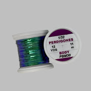 Pearl beading thread spool, dark green and blue metallic, label PBM30
