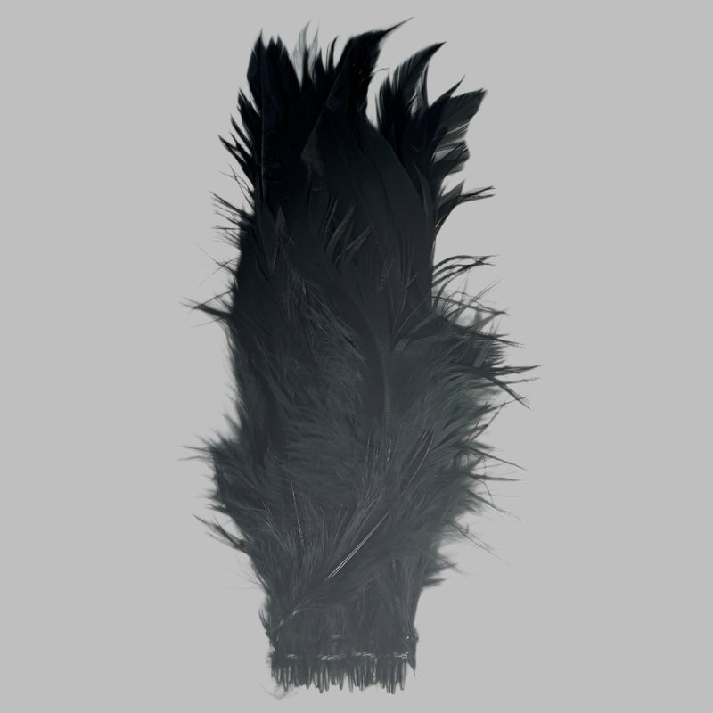 Dark (black) strung schlappen feathers with pointed tips