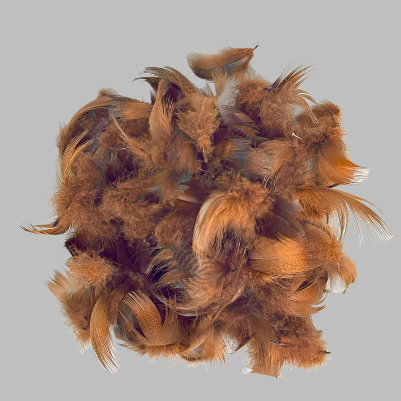 Feather flank bag with brown and tan mallard feathers with purple highlights, clustered