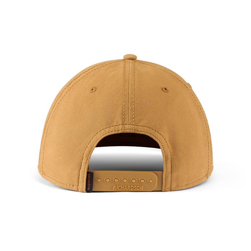 Tan canvas cap showing curved brim and interior ventilation label