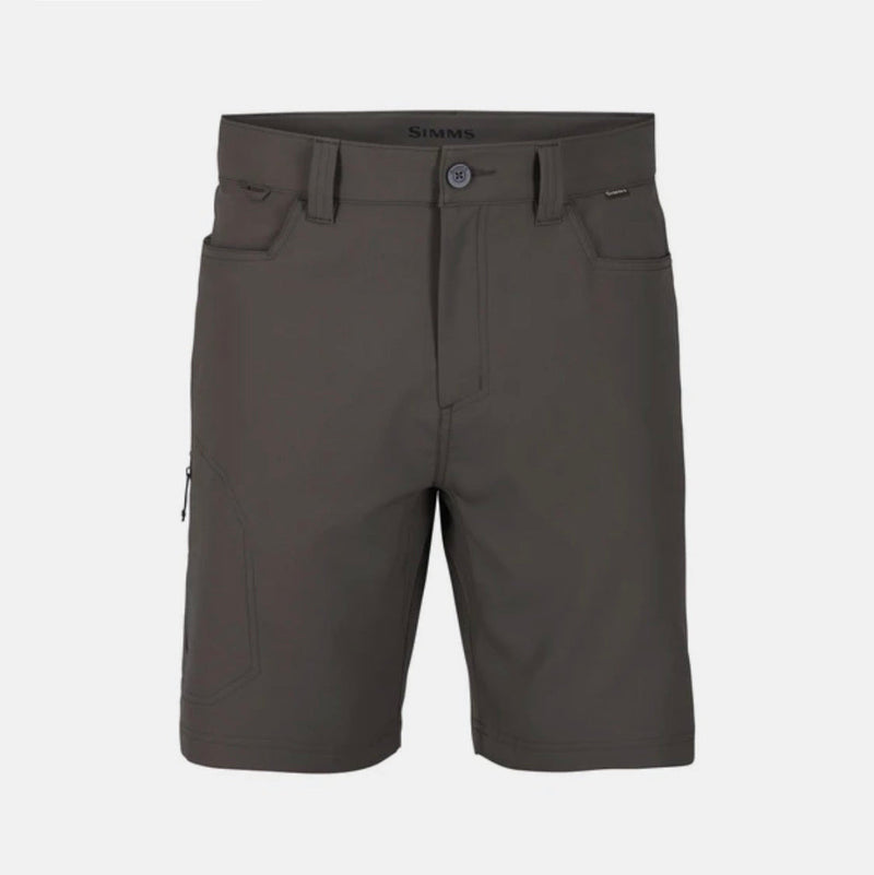 Men's Simms Skiff shorts in dark gray-brown with belt loops, zip fly, and cargo-style pockets