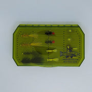 Green fishing fly collection case with foam insert, assorted flies visible through open top