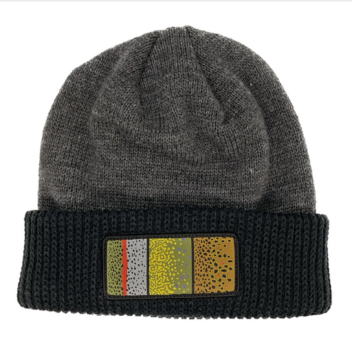 Gray knit beanie with a colorful label with skin design of brook, brown, and rainbow trout  on a white background