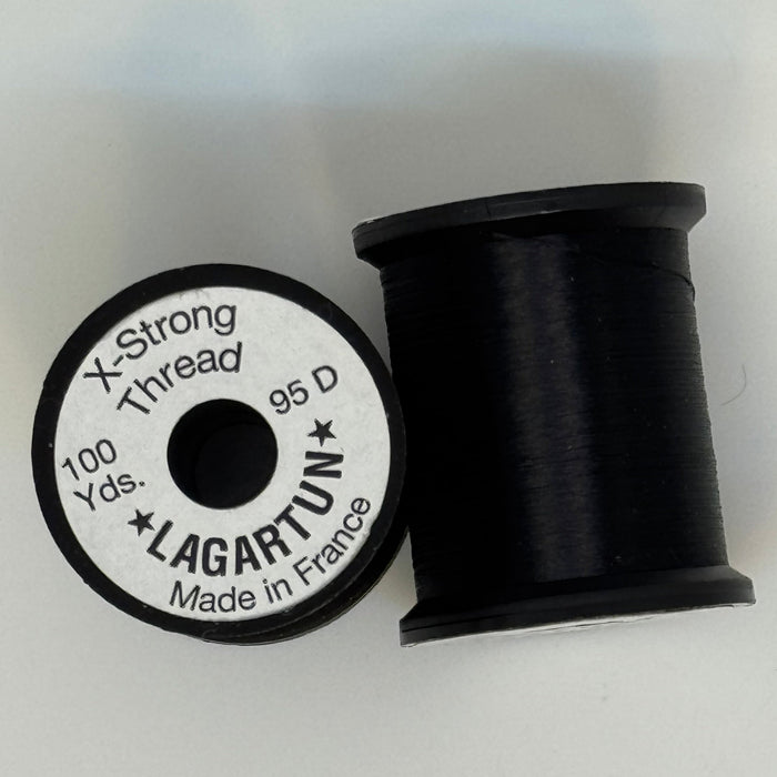 Spools of black thread from two angles side by side