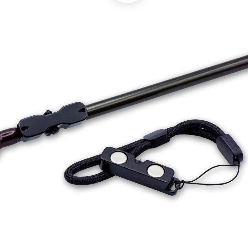 Mag grab rod rack with dark line holder and black cord leash