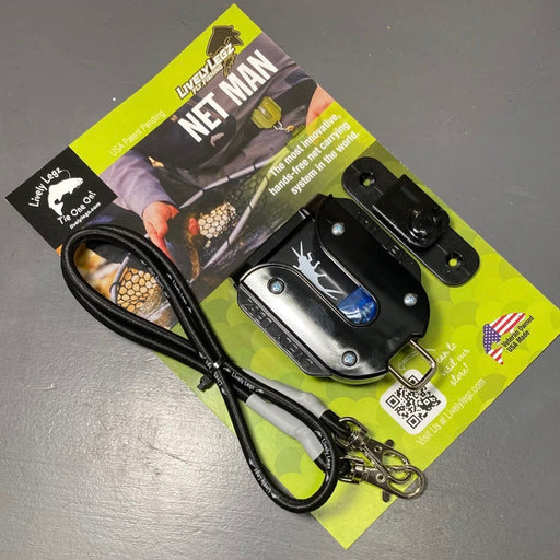 Black landing net tool kit with coiled lanyard and clip, on package card