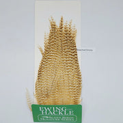 Bleached grizzly feather hackle on card, light tan plume with fine fibers