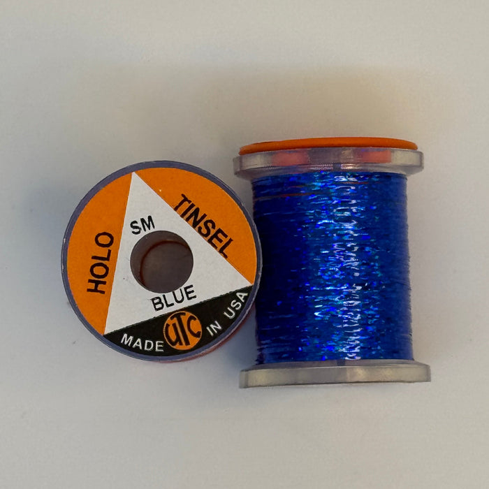 2 Spools of Blue Tinsel from two angles, one with label showing