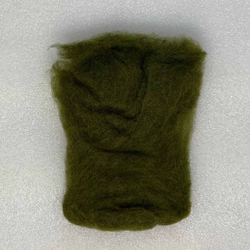 Olive green fly tying dubbing fibers clump, soft and fluffy